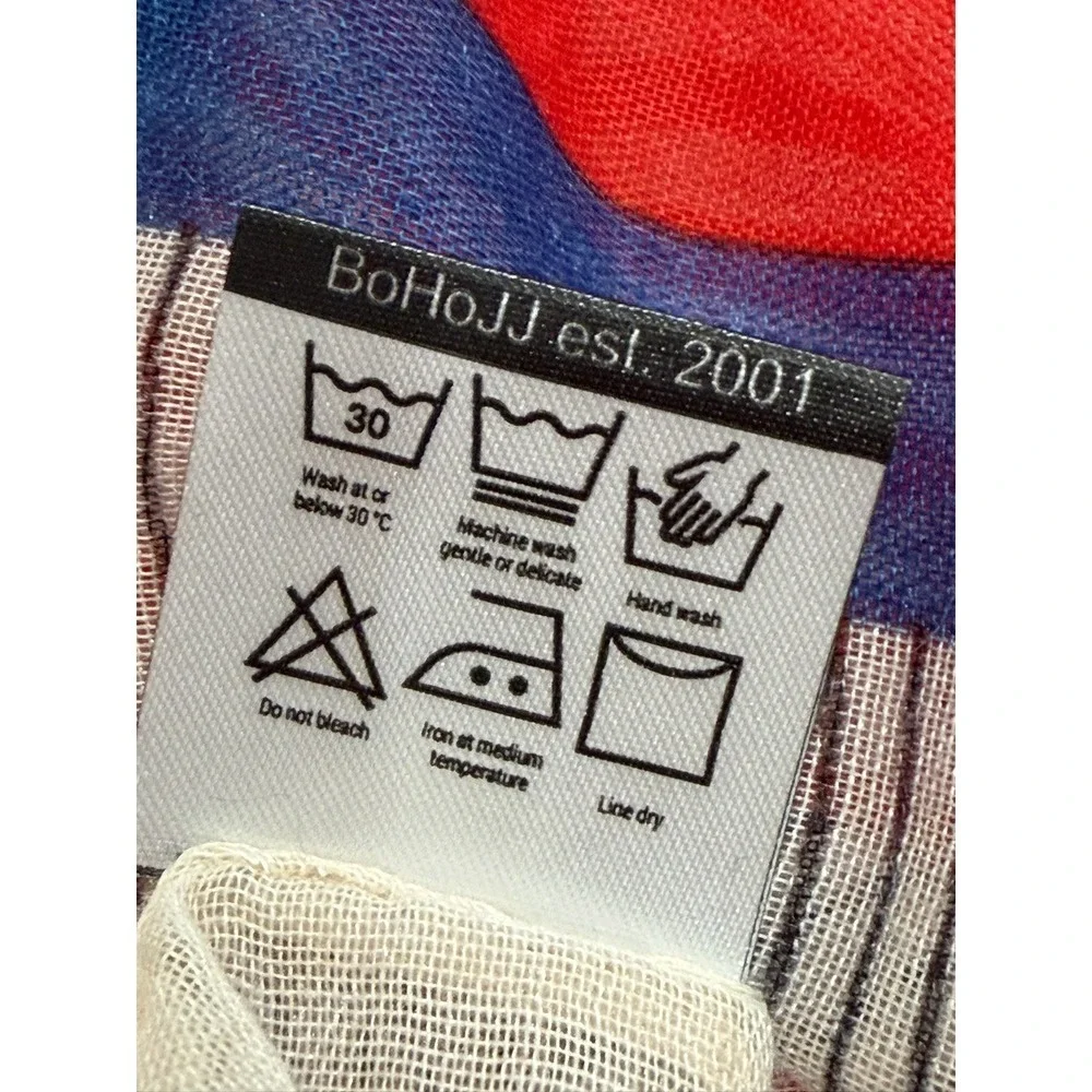 BoHoJJ Cream Red Blue Geometric Grid Tassel Wrap Lightweight  Scarf